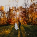 Bride and groom walking long shot