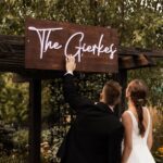 Bride and groom looking at the gierkes board